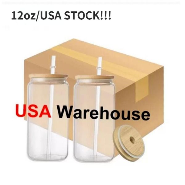

12oz usa stock blanks sublimation glass beer mugs glass water bottle can tumbler drinking glasses with bamboo lid and reusable straw iced co