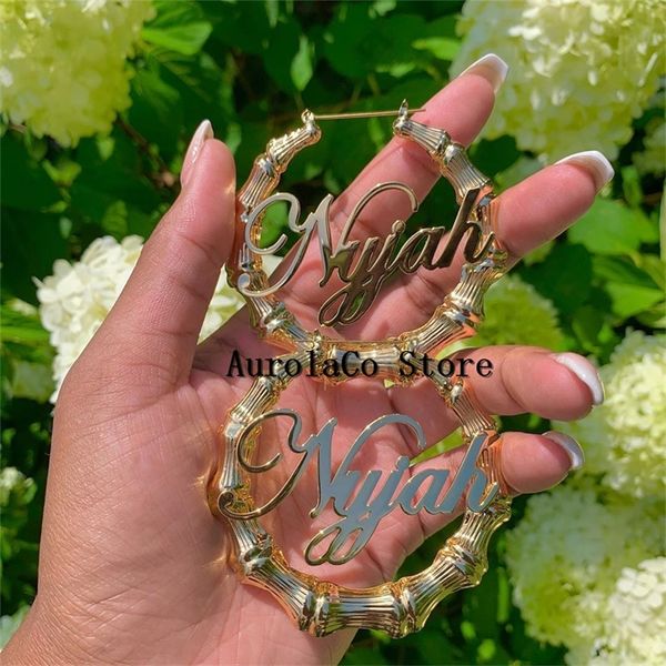 

aurolaco 30 - 100mm hiphop bamboo hoop earrings customized name earrings bamboo style custom earrings state 200923, Golden;silver