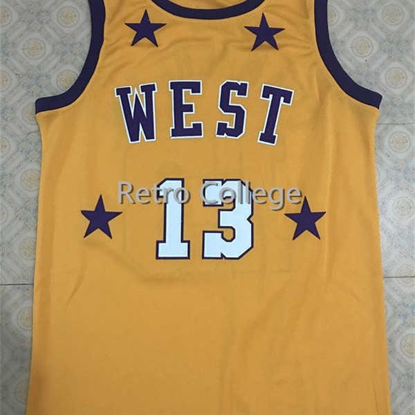 SJZL98 # 13 Wilt ChamberLain 1972 All Star West Yellow Basketball Tribersys White Navy Blue Вышивка сшитые персонализированные пользовательские любое имя