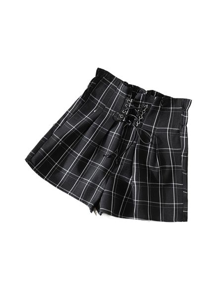 

plaid print paperbag waist lace up front shorts w4j9#, White;black