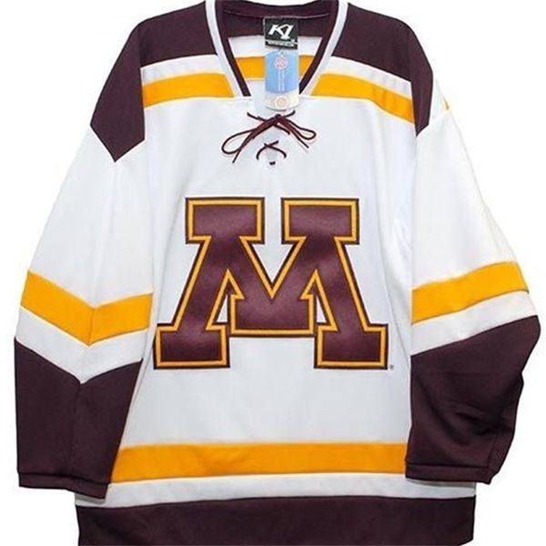 Chen37 RERA Herren-Eishockey-Trikot mit echter Vollstickerei, Minnesota Gophers Home White Gold Third, 100 % besticktes Hockey-Trikot oder individuelles Trikot mit beliebigem Namen oder Nummer