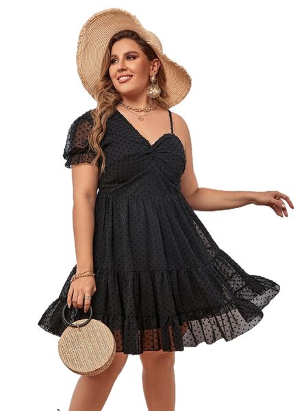 

plus swiss dot asymmetrical neck ruffle hem dress c7vs#, Black