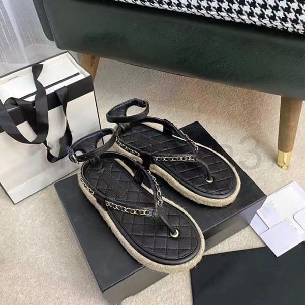 

sandals designer summer new one line belt buckle straw woven thick soled sandals women's small fragrance chain clip foot efuv, Black