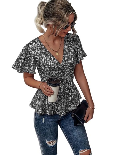 

confetti print flutter sleeve overlap collar peplum hem blouse q7c8#, White