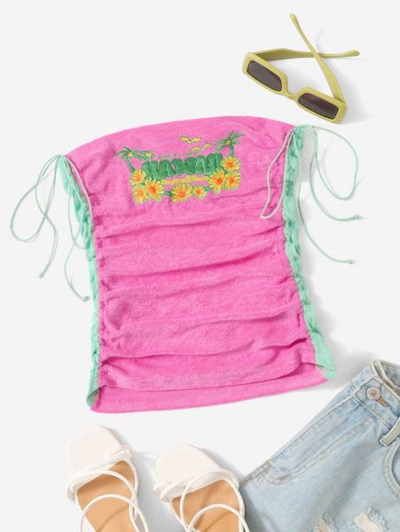 

floral & letter embroidered drawstring side tube r9ko#, White