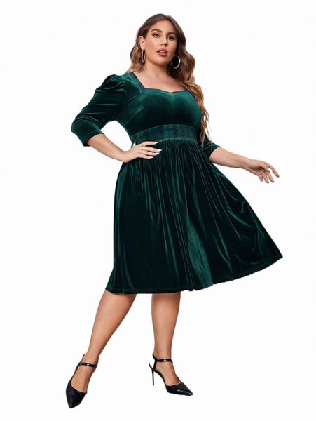 

x retro peaches plus puff sleeve plaid panel velvet dress i2ok#, Black