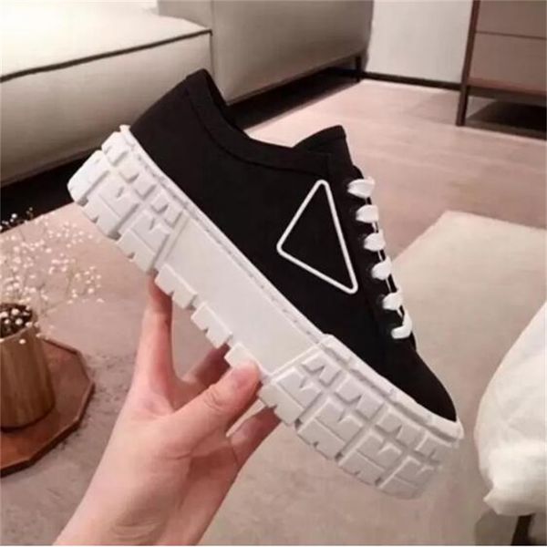 

fashion luxury women platform designer dress shoes triangle shoes low-ms height-increasing shoe thick bottom canvas stitching brand sneakers, Black