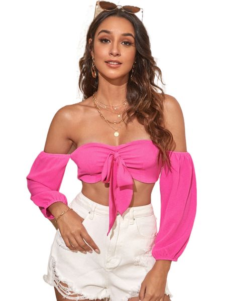 

off shoulder tie front crop 13u9#, White