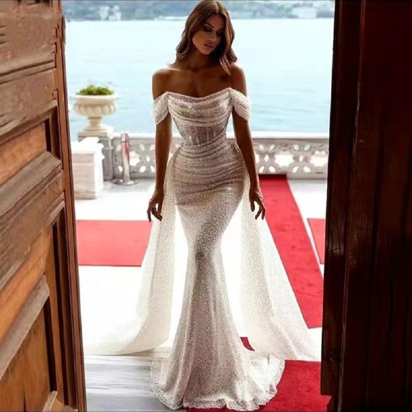Блеск русалка с блестками Свадебное платье Съемное поезде с плеча свадебные платья Boho vestido de novia