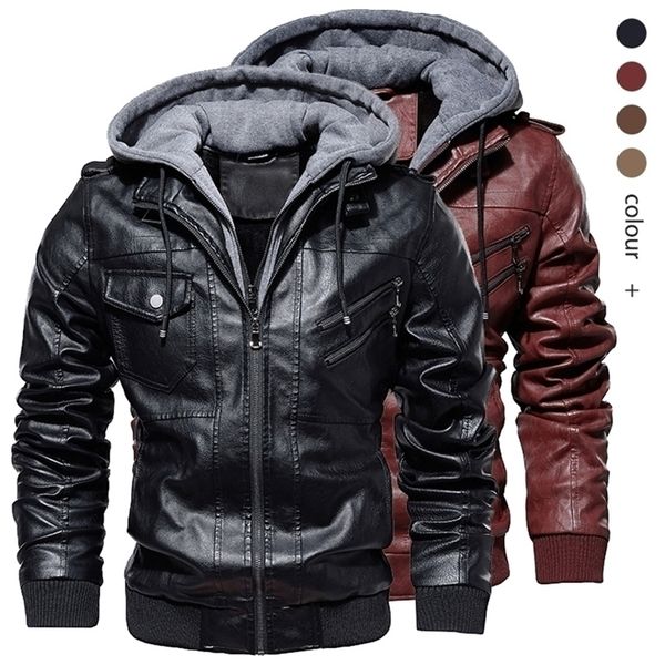 

men vintage motorcycle jacket men's bomber fleece leather jackets thick coat male winter warm fashion pu leather outerwear 201127, Black
