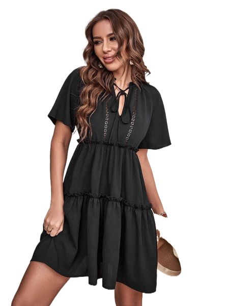 

t.ie f.ront f.rill trim r.uffle h.em d.ress y3zu#, Black;gray