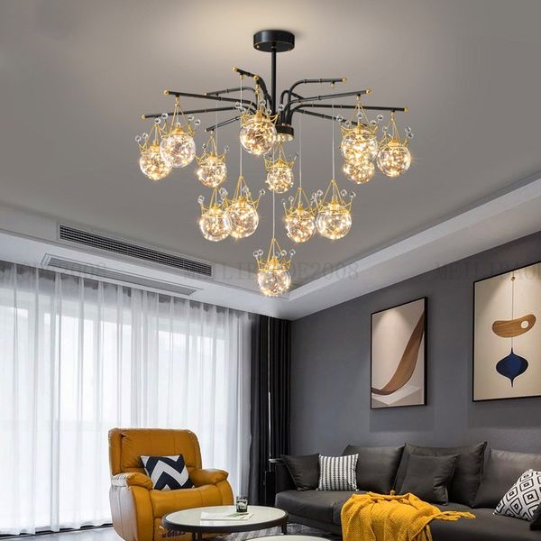 Lampade a sospensione moderne con sfera in vetro a forma di corona Decorazione del soggiorno Decorazioni per la camera da letto del salone Luci dorate a LED per lampadari per interni Illuminazione Lampadari Lampadario a soffitto