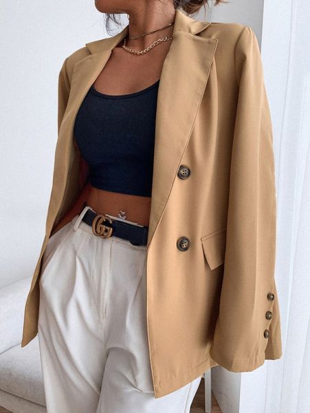 

double button lapel collar blazer t1pk#, White