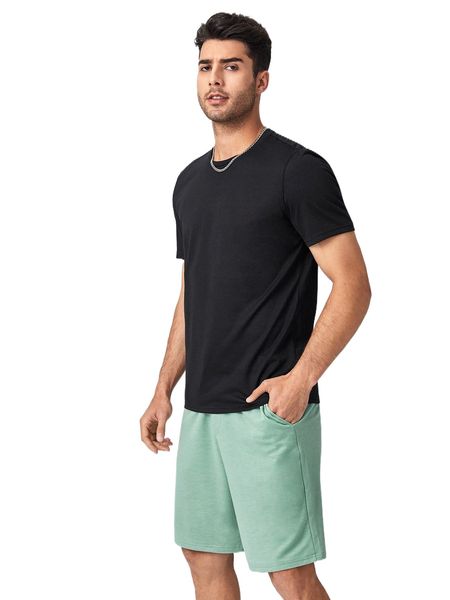 

men solid tee & drawstring waist shorts j8tz#, Gray
