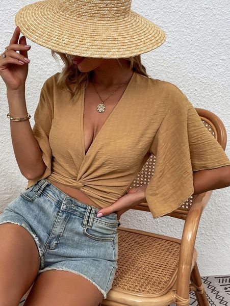 

butterfly sleeve twist front crop blouse x21g#, White