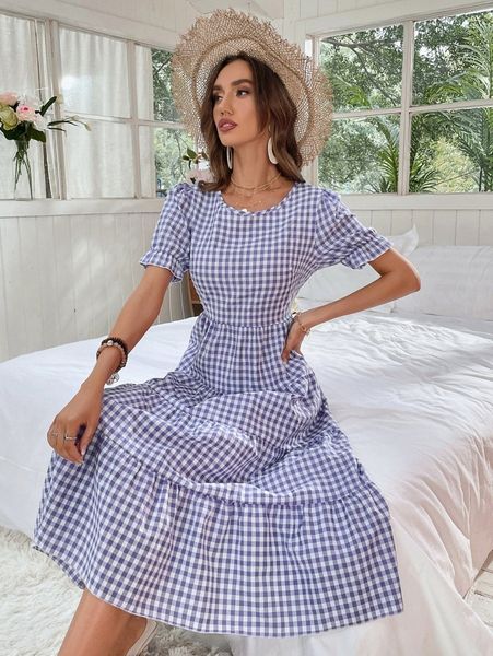 

gingham puff sleeve ruffle hem smock dress k2ez#, Black;gray