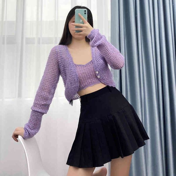 

two piece dress purple hollow mohair cardigan suspender two piece set wool long sleeve short thin coat female v3jr, White