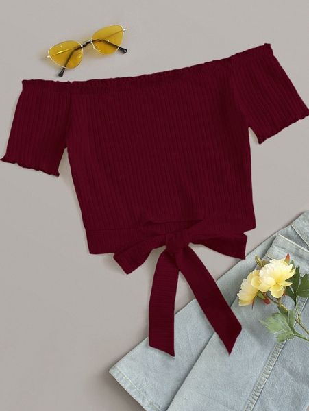 

off shoulder frill trim knot hem rib-knit s0ao#, White