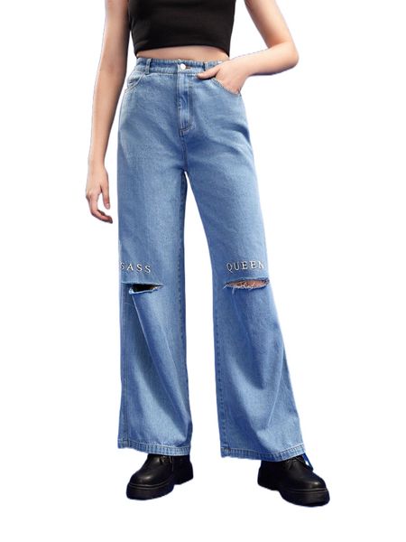 

x sassqueen high waisted letter embroidered ripped zip up jeans f3wc#, Blue