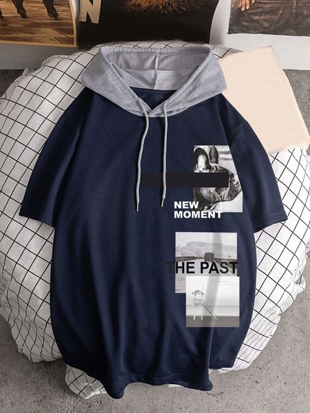 

men dog & letter graphic drawstring hooded tee t9sn#, White;black