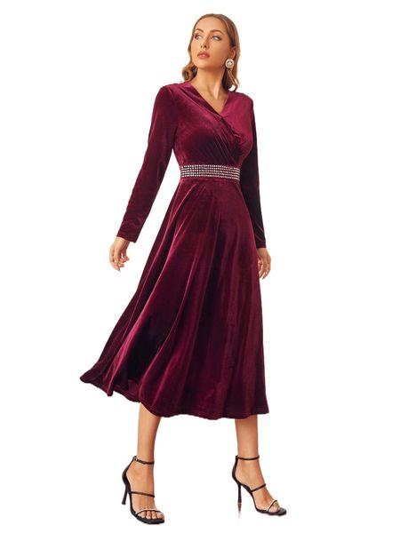 

surplice neck rhinestone waist velvet dress u4vv#, Black;gray