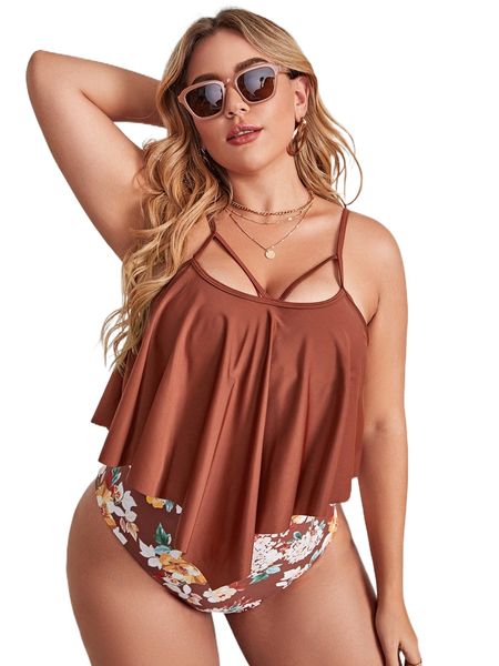 

plus floral print hanky hem bikini swimsuit w87o#, White;black