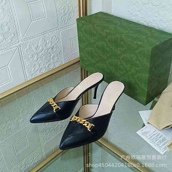 

high 2022 summer g's new buckle leather sandals metal chain high-heeled slippers2022 trendy fashion design ladies slippers, Black