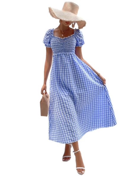

gingham shirred puff sleeve frilled sweetheart neck dress x2nd#, Black;gray