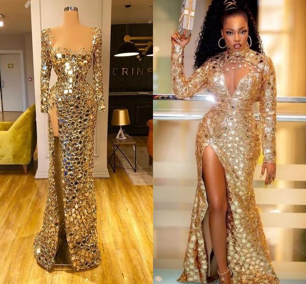 Gold Sexy Meerjungfrau Abendkleider 2022 Langarm High Split Pailletten Diamanten Plus Size Prom Verlobung Pageant Kleid Vestidos De Fiesta