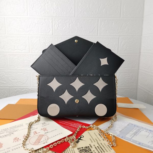 

women luxurys designers pochette bags handbag three-piece wallet imprint fiower golden chain bag genuine leather messenger ladies wallets pu, Red;black