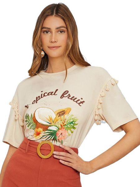 

floral & letter graphic tassel trim tee 08ak#, White
