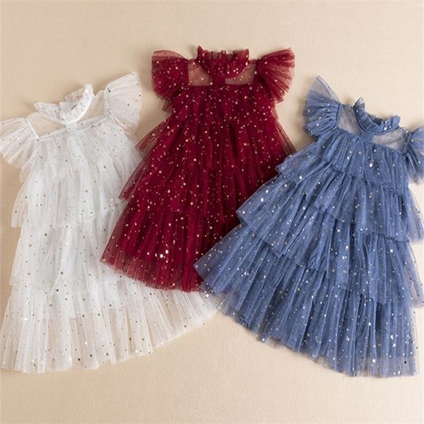 

sequin party dress for girls shiny star pattern bow rainbow colorful costume for children christmas year dress for kid 220429, Red;yellow