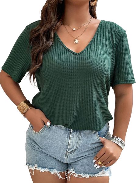 

plus waffle knit solid tee g9gm#, Black