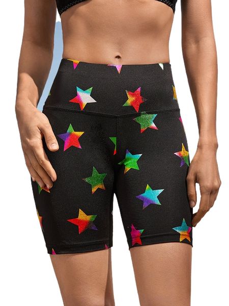 

star print wide waistband biker shorts n54a#, White;black