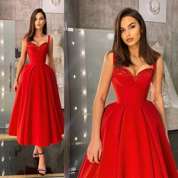 

2022 red prom dresses straps a line tea length ruffles pleadts sweetheart neckline evening formal wear cocktail party gowns vestidos custom, Black