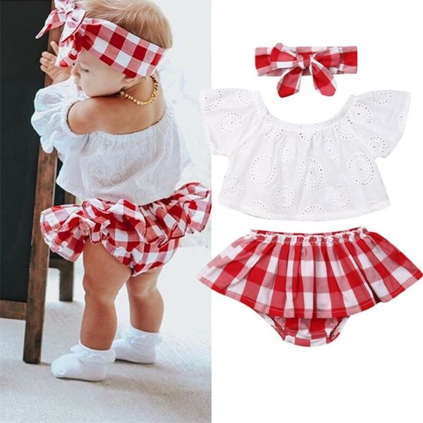 Lioraitiin 3pcs seti 024m doğumlu bebek kız kıyafetleri sevimli yaz omuz dantel üstleri kırmızı ekose kısa elbise kafa bandı kıyafeti 220608