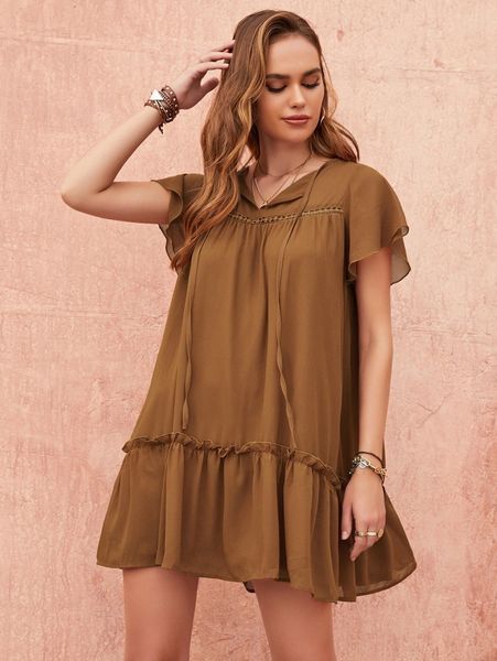 

rusttydustty tie neck lace insert frill trim smock dress d1jg#, Black;gray
