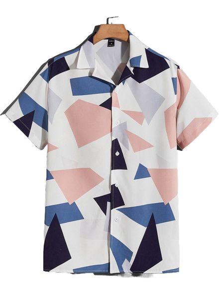 

men geo print button front shirt b668#, White;black