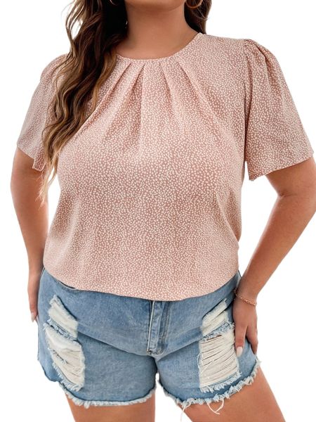 

plus allover print puff sleeve plicated detail blouse q9hx#, Black