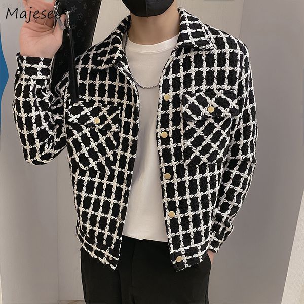 

jackets men spring fashion pocket plaid handsome outwear coats korean style cropped simple harajuku all-match daily plus size t220716, Black;brown