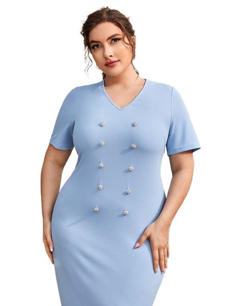 

plus pearls buttoned split hem dress g5zz#, Black