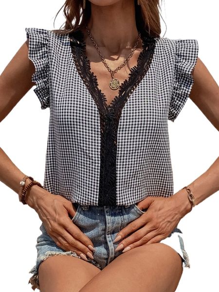

contrast lace trim gingham blouse r7sq#, White