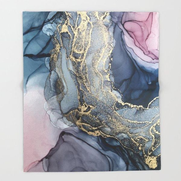 Decken, abstraktes Korallen-Fleece-Design, errötendes Payne-Grau und Gold-Metallic, Sofa-Überwurf, Decke 125 x 200, Bettüberwürfe, Decken, Decken