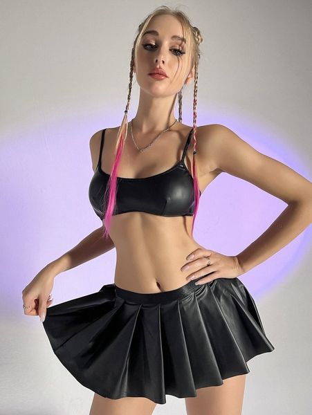 

3pack solid pu lingerie set & skirt y080#, Black;red