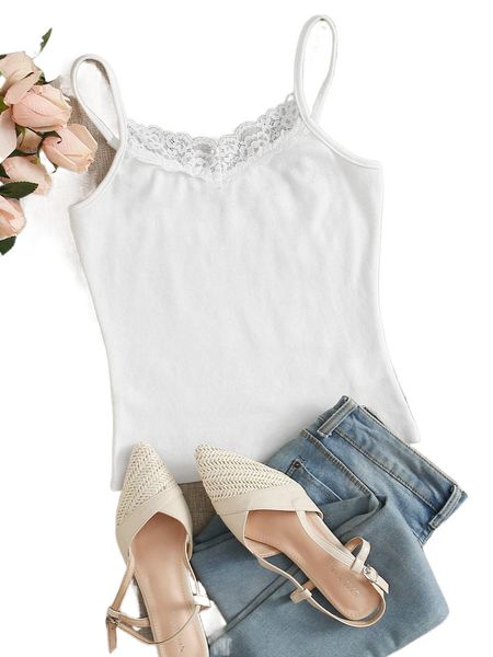 

plus lace trim rib knit cami t4s5#, Black