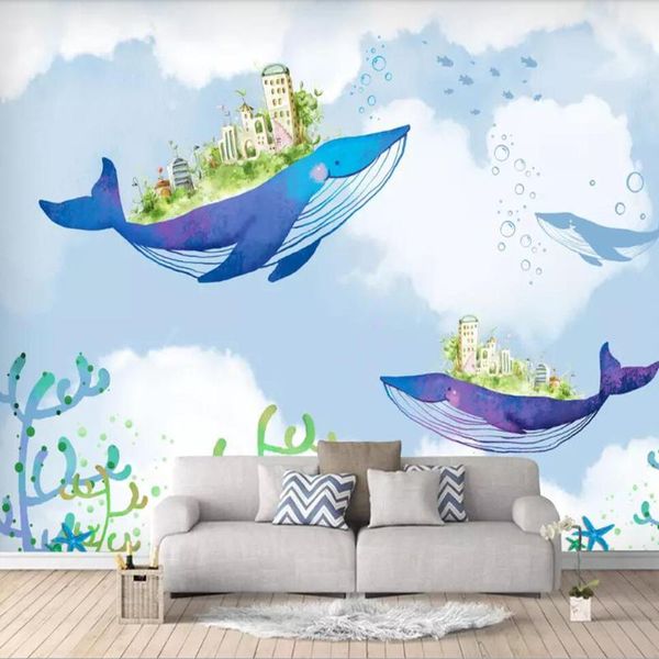 Papéis de parede MILOFI Custom 3D Papel de parede mural Nórdica desenho animado Baleia infantil Bordado de fundo Wall Living Bedroom Pintura Wawa