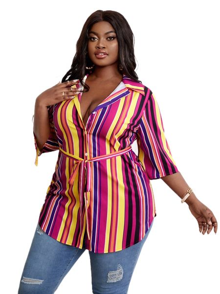 

sxy plus block striped roll tab sleeve belted blouse l3si#, Black