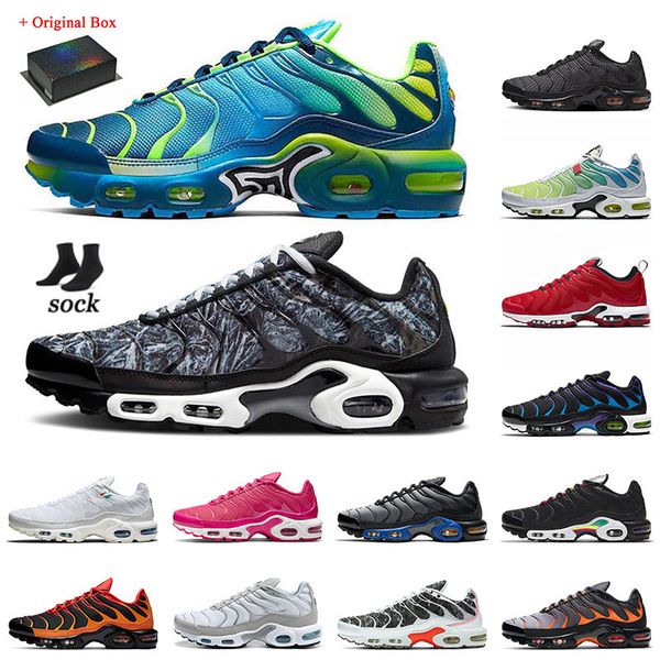 

[with box] man's plus tn camo running shoes woman's fade blue hero chorome black shark grey orange combo metallic gold shattered i