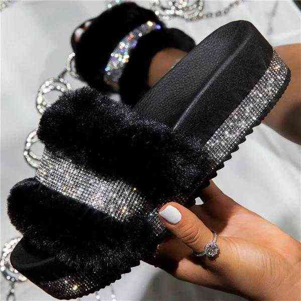 Pantofola Designer Women Fur Strass Platform Parrucca Tacco Solid Fluffy Hairy Slide Outside Sexy Shoe Ladie Sapato De Mujer 220622