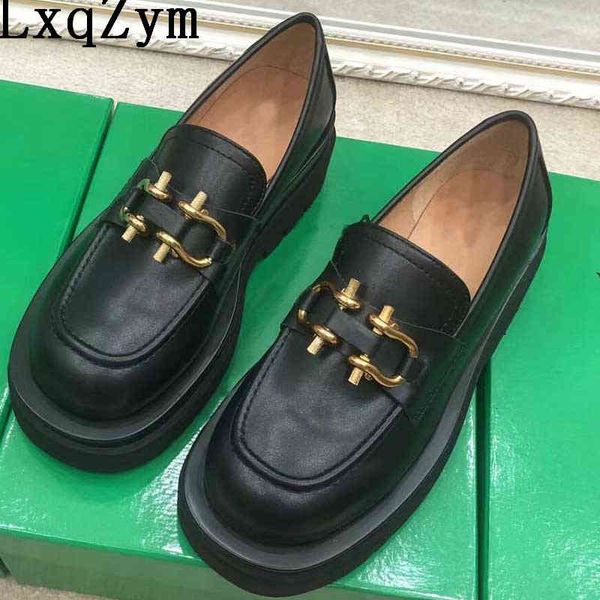 

sandals thick bottom leather slip on causal shoes women flat leisure loafers metal decor ladies mules spring autumn brand designer, Black